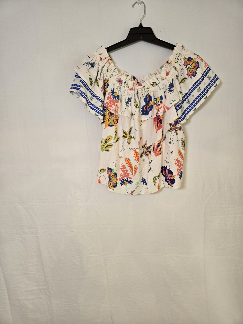 Sugarlips Curve White Floral Blouse with Blue Trim
